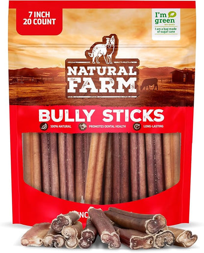 Natural Farm Odor-Free Bully Sticks, 7-Inch Long, 20 Count Bag, 100% Beef Pizzle Chew Treats for Medium & Large Dogs Dogs