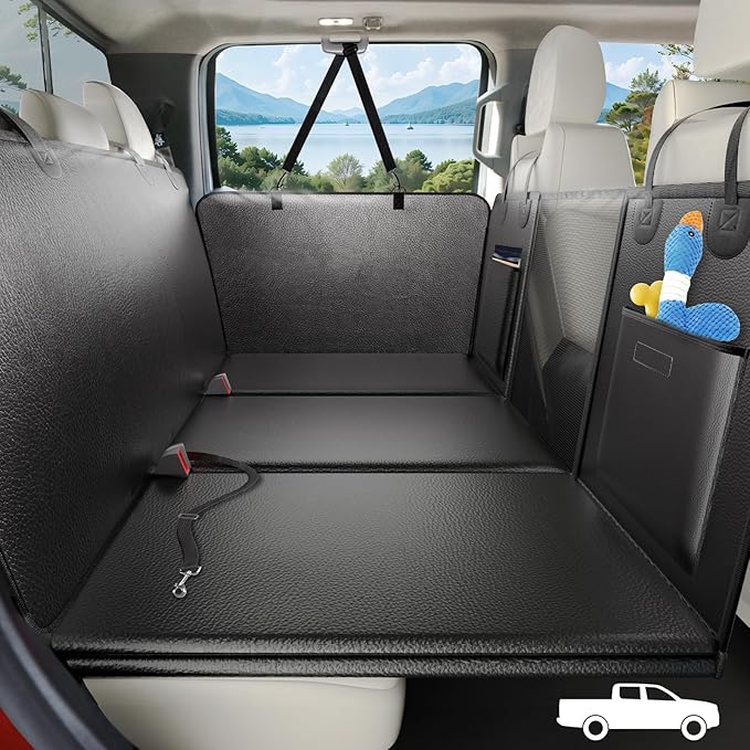 ROUWINNE Back Seat Extender for Dogs Truck-Upgraded PU Leather-Dog Pet Seat Cover Back Seat Hard Bottom 500lbs, Anti-Scratch Dog Hammock for Crew Cab Trucks F150, RAM1500, Sierra, Tundra, Silverado