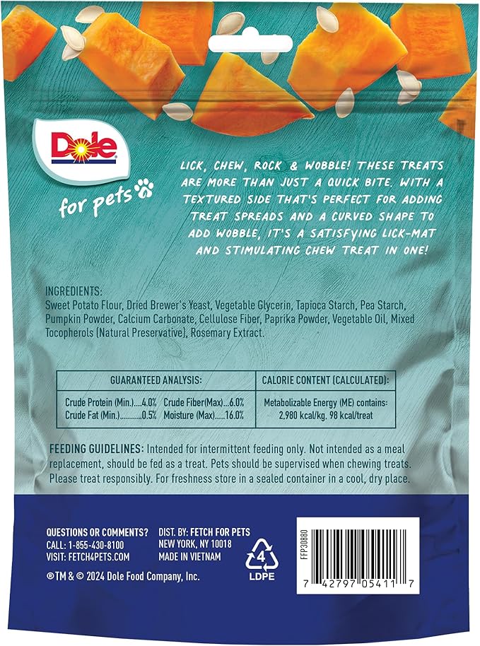 Dole for Pets Freshly Fetched Lasting Chew, Pumpkin Flavor Dog Treats, 8oz, 5ct | Flavored with Real Veggies, No Wheat, Corn, Soy, Artificial Flavors, Colors, Preservatives, or Animal Products