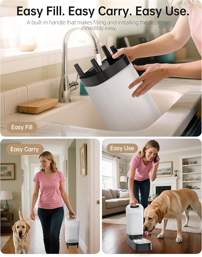 Automatic Dog Water Bowl Dispenser with Filter - 2.4 Gal Large Gravity Auto Pet Water Feeder Waterer with Stainless Steel Bowl & Easy Carry Handle for Large Dog Cat Multi Pet Use