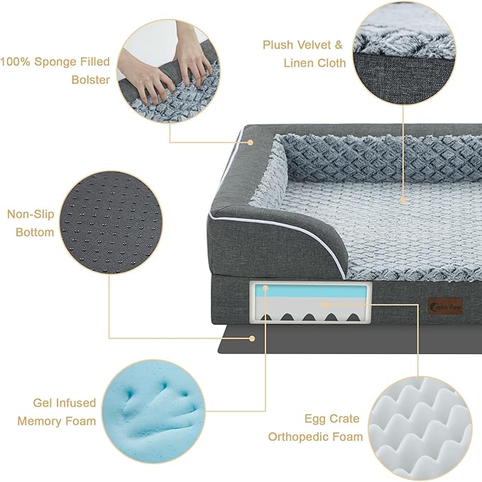 Casa Paw Orthopedic Dog Beds for Extra Large Sized Dogs, Waterproof Memory Foam XL Pet Bed with Sides 42x30Inch, Non-Slip and Egg-Crate Foam Big Dog Couch Bed with Removable Washable Cover, Dark Grey