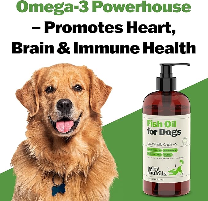 Deley Naturals Dog Fish Oil Icelandic 2X Omega - Dog Itching Skin Relief with Omega 3 6 9 for Allergies, Coat & Heart - Omega 3 Fish Oil for Dogs Skin Irritation - 16oz Omega Oil for Dogs Made in USA