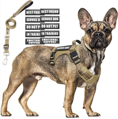 MOOGROU Tactical Dog Harness and Leash Set Medium Sized Dog,Heavy Duty No Pull Service Dog Vest and 10 Patches with Dog Seat Belt,Reflective Adjustable Pet Harness for Training Walking Hiking Brown M
