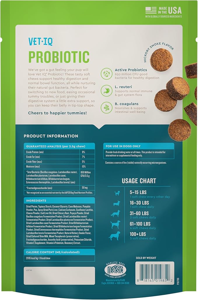 VetIQ Probiotic Supplement for Dogs, Digestive Support for Dogs, Nourishes Gut Bacteria and Supports Bowel Function, Hickory Smoke Flavor, Made in The USA, 60 Count