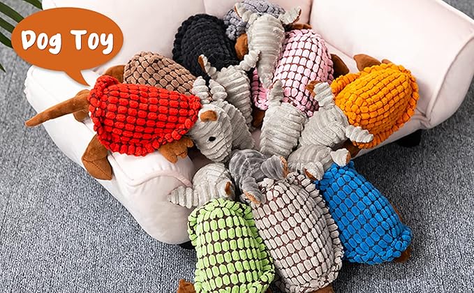 Hollypet Plush Dog Squeaky Toy Stuffed Armadillo Animal Pet Puppy Chew Toys with Clean Teeth for Small Medium Large All Breed Sizes Dogs, Black, 8 in