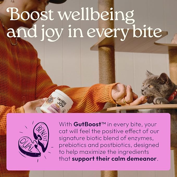 New! WellJoy Cat Supplement Calming+ GutBoost | Cat Health Supplement | Promotes Relaxation & Calmness | Dual-Benefit GutBoost Formulation | Vet Formulated | USA Made | Chicken Flavor | 90 Soft Chews