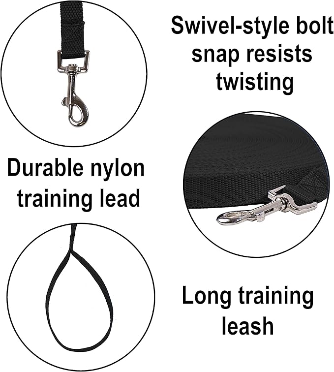 Hi Kiss Dog/Puppy Obedience Recall Training Agility Lead - 15ft 20ft 30ft 50ft 100ft Leash Great for Training, Play, Camping, or Backyard Black