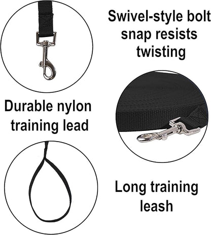 Hi Kiss Dog/Puppy Obedience Recall Training Agility Lead - 15ft 20ft 30ft 50ft 100ft Leash Great for Training, Play, Camping, or Backyard Black