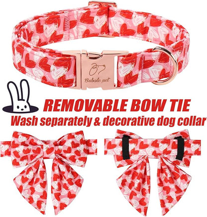 Valentines Dog Collar with Lady Bow - Cute Valentine Doodle Hearts Pink Girl Bowtie Dog Collar, Adjustable Metal Buckle Dog Collars for Small Medium Large Dogs L