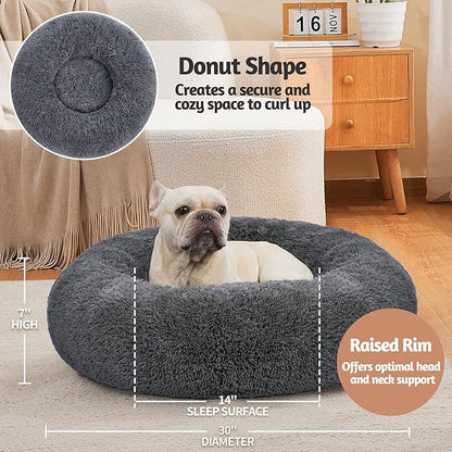 OhGeni 31 inches Calming Donut Orthopedic Dog & Cat Bed for Medium Pets, Warming Comfort Fluffy Long Pile Fur, Durable Waterproof Machine Washable Removable Cover, Cute Round Bed for Puppy, Dark Gray
