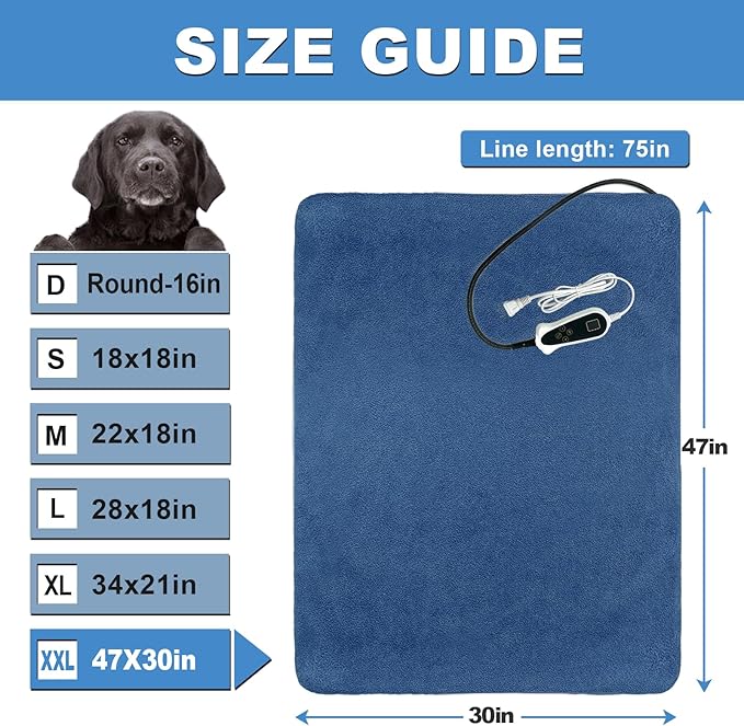 Bestio Extra Large Dog Heating Pad,47x30 in Heated Dog Bed with Constant Heat & Auto Modes，MET&UL Certified Pet Heating Pad,Chew-Resistant Cord,Waterproof Washable Cover- Blue
