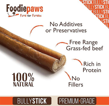 FOODIEPAWS 6 Inch Jumbo Bully Sticks for Dogs, 20 Pack | All Natural, Grass-Fed Beef Pizzle | Rawhide-Free, Odor-Free, Fully Digestible & Long Lasting Dog Chews | For Large Breeds & Aggressive Chewers
