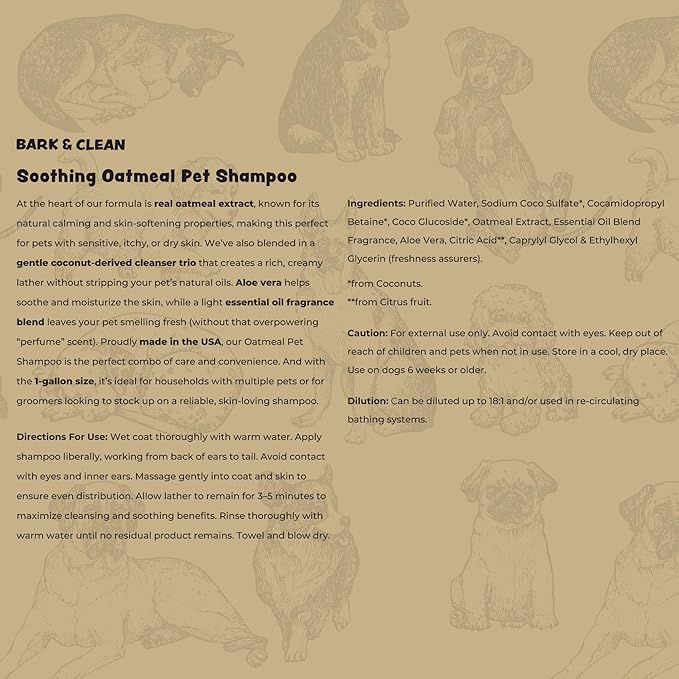 Oatmeal Dog Shampoo for Itchy Skin Relief - 1 Gallon with a Pump - Made with Coconut, Aloe Vera, Essential Oils, and More - Hypoallergenic Shampoo for Cleaning and Nourishing Dog Skin and Coat