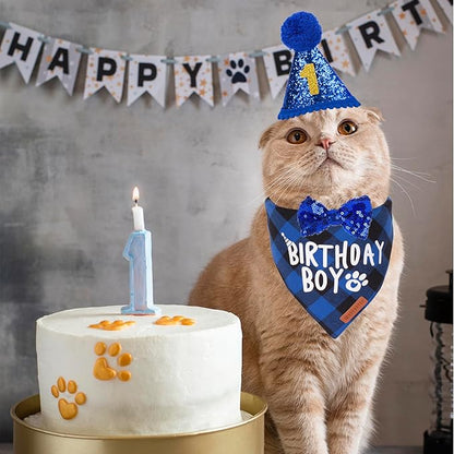 ADOGGYGO Cat Birthday Party Supplies, Birthday Boy Plaid Kitten Bandana, Blue Cat Party Hat with Numbers, Bowtie (Blue)