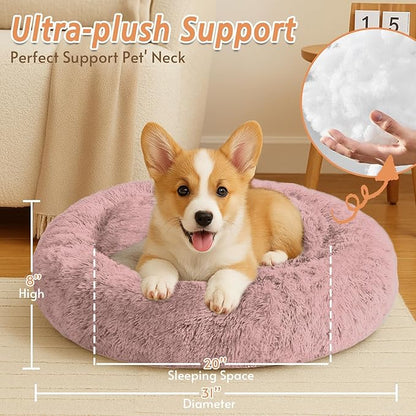 JOLLYVOGUE Calming Dog Bed Medium Size Dog, Anti-Anxiety Donut Medium Pet Bed, 31 inches Fluffy Faux Fur Round Cat Bed, Fits up to 45 lbs Pets (Dark Pink)