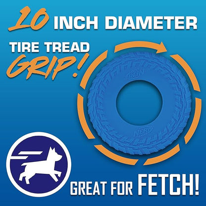 Nerf Dog Tire Flyer Outdoor Dog Toy, 10 Inch Flying Disc Dog Fetch Toy, Rubber Dog Toy for Medium Dogs and Large Dogs, Blue