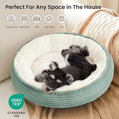 Love's cabin Round Donut Cat and Dog Cushion Bed, 25in Pet Bed for Small or Medium Dogs, Anti-Slip & Water-Resistant Bottom, Soft Durable Fabric Pet Beds, Washable Calming Cat Bed Apple Green Stripe