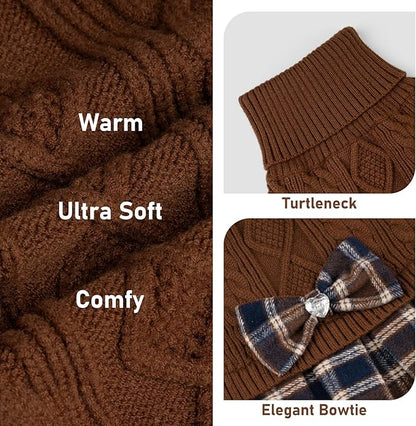 KYEESE Dog Sweater Pullover Dog Sweaters for Large Dogs Soft Turtleneck Pet Sweater Dress with Bowtie Stretchy Knitwear Pets Sweaters Thick Dogs Clothes Warm Comfy Pet Coats, Brown, XXX-Large