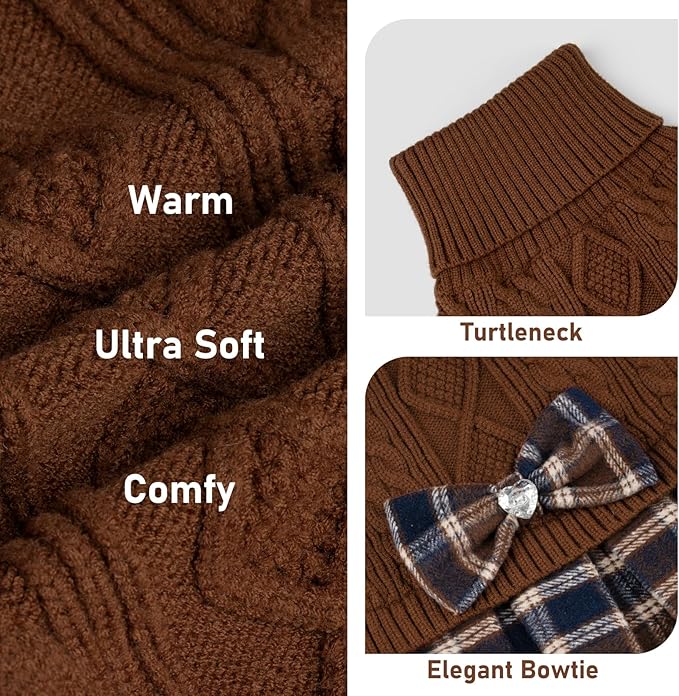 KYEESE Dog Sweater Comfy Dogs Clothes with Bowtie Stretchy Knitwear Pet Sweater Dress Thick Dog Sweaters for Small Dogs Male Warm Pullover Pet Coats, Brown, X-Large