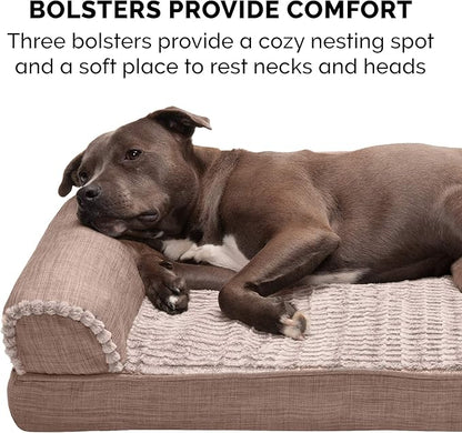 Furhaven Cooling Gel Dog Bed for Large/Medium Dogs w/ Removable Bolsters & Washable Cover, For Dogs Up to 55 lbs - Luxe Faux Fur & Performance Linen Sofa - Woodsmoke, Large