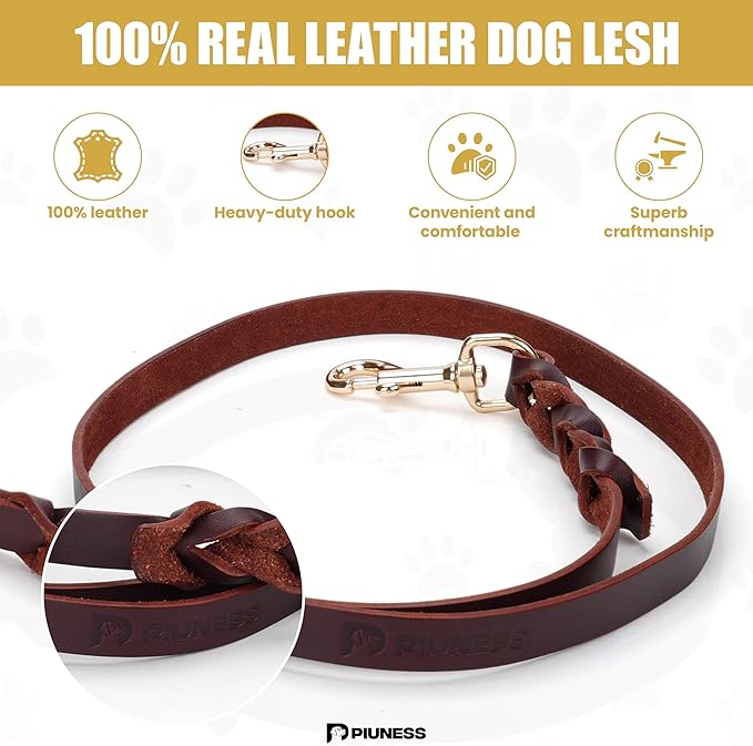 100% Real Leather Dog Collar and Leash Set, Premium Adjustable Fit with Durable Buckle, Stylish Comfort for Dogs (Medium)