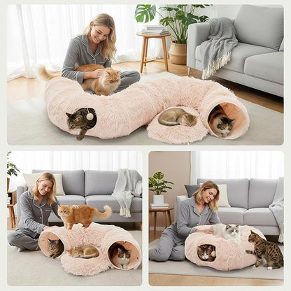 DUMOS Cat Tunnel Bed for Indoor Cats Cave Donut Play Tunnel, Soft Plush Peekaboo, Circle Cushion, Washable Multifunctional Playground Under Tree Pet Toys for Kittens, Puppy Rabbit, Ferret -Cream White
