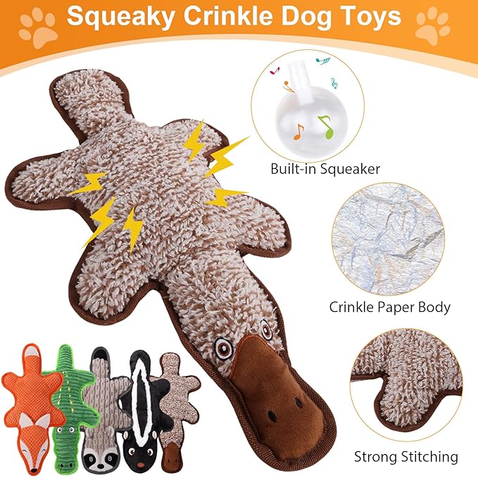 Eneston 5 Pack No Stuffing Squeaky Dog Toys for Large Dogs - Interactive Durable Plush Chew Toy with Crinkle Paper, Safe Pet Toy for Small to Large Breed, Ideal for Puppy Gifts & Tug of War Toys