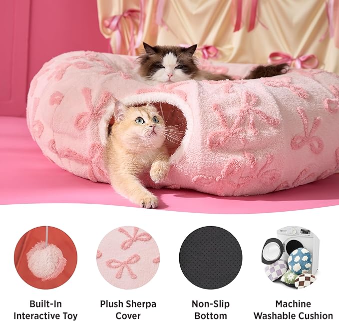 Lesure Large Cat Tunnel Bed - Cute Donut Bed for Indoor Cats with Washable Circle Cushion, Round Pet Peekaboo Cave Toy for Multi Kitten/Puppy/Rabbit, Large Pink Taffy
