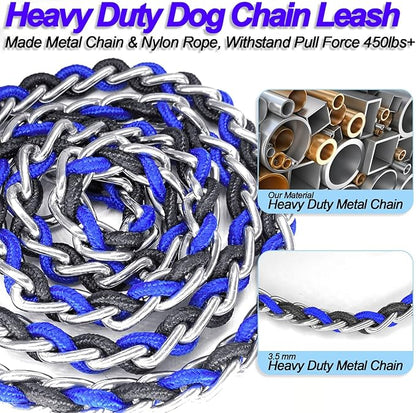 Dog Leash Rope Chain, Nylon Rope Metal Chain for Pet Leads. 6ft Heavy Duty Chew Proof Training Walking for Medium Large Dogs. (Medium, Blue&Black)