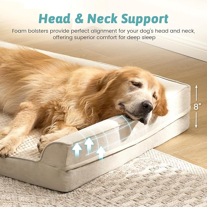 COZY KISS Dog Beds for Extra Large Dog, XXL Bolster Pet Couch with Waterproof Lining, Egg Crate Foam Sofa for Pets Up to 150 lbs, U-Shaped, 48x35x8 inch, Beige