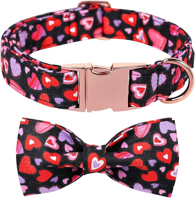 Lionet Paws Valentines Dog Collar Bowtie, Dog Bowtie Collar with Metal Buckle for Dogs, Adjustable Fabric Black Black Dogs Collars Girl Boy, XXS, Neck 7-11 in