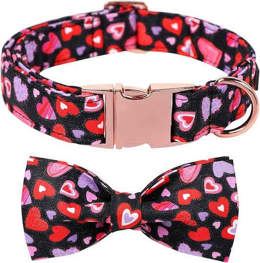 Lionet Paws Valentines Dog Collar Bowtie, Dog Bowtie Collar with Metal Buckle for Dogs, Adjustable Fabric Black Dogs Collars Girl Boy, M, Neck 13.5-22 in