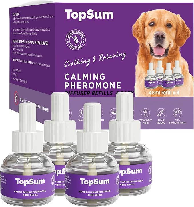 TopSum Calming Diffuser for Dog: 4 Pack Dog Pheromones Calming Refills for Stress, Barking, Chewing, Pee Accidents & Separation Behaviors
