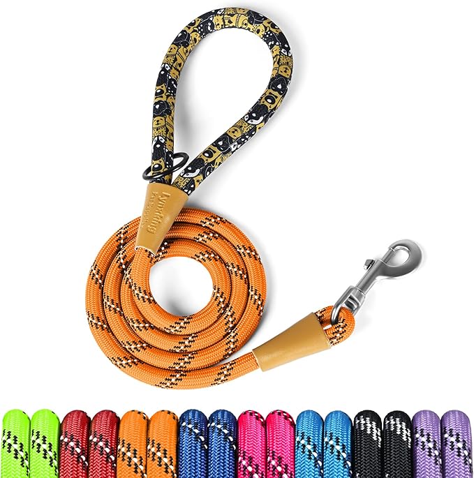 lynxking Rope Dog Leash 6 FT with Comfortable Padded Handle, Highly Reflective Threads Leash for Small Medium Large Dogs (Orange, Large 1/2in x 6ft-Rope Clasp)