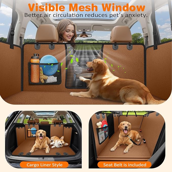 URPOWER PU Leather Backseat Extender for Dogs, Hard Bottom Dog Car Seat Cover for Back Seat, Waterproof Dog Car Hammock Anti-Scratch Pet Rear Seat Protector Travel Bed for Car and SUV