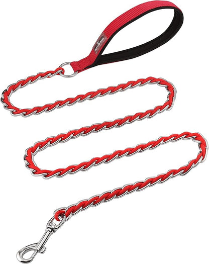 Chew Proof Metal Leash for Medium Large Dogs, 5.2FT Strong Anti Chew Chain Link Leash With Comfortable Soft Padded Handle - Red