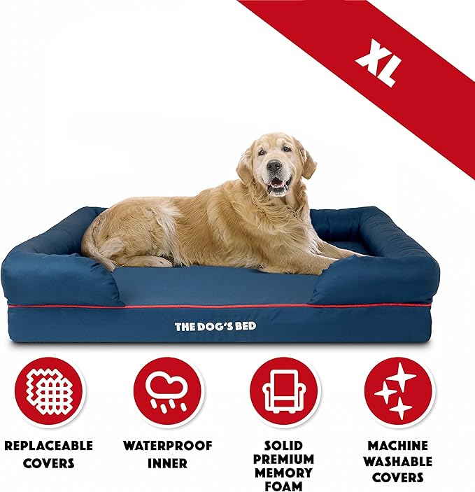 The Dog’s Bed Orthopedic Dog Bed XL Oxford Blue with Red Trim, Memory Foam, Pain Relief: Arthritis, Post Surgery, Lameness, Supportive, Waterproof Washable Cover, Veterinary Approved