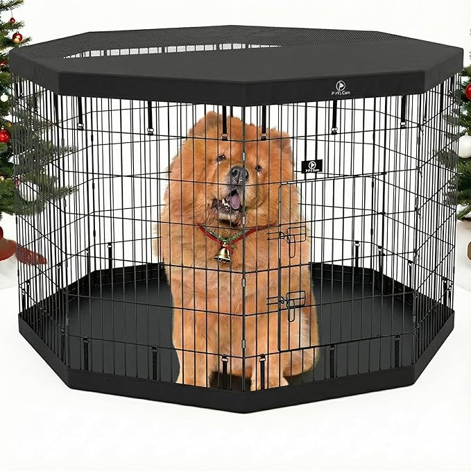 PJYuCien Dog Playpen - 8 Panels 42 inchH Metal Foldable Exercise Pen, Pet Fence Puppy Crate Kennel Indoor Outdoor with Top Cover & Bottom Pad for Medium Large Pets Black…
