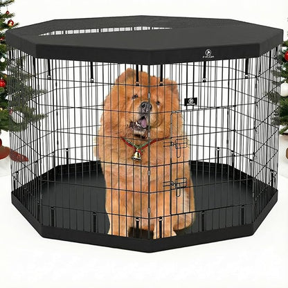 PJYuCien Dog Playpen - 8 Panels 42 inchH Metal Foldable Exercise Pen, Pet Fence Puppy Crate Kennel Indoor Outdoor with Top Cover & Bottom Pad for Medium Large Pets Black…