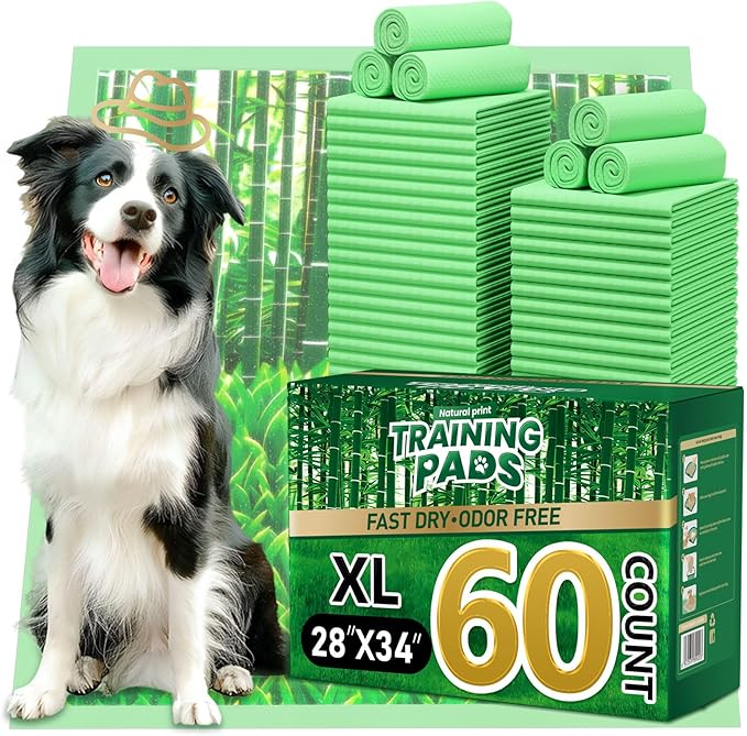 DOGGO DOUG Puppy Pads XL 60 Count - 28"x34" Extra Large Pee Pads for Dogs Odor Blocking, Leak-Proof Potty Training Pad Super Absorbent, 6-Layer Leak-Bamboo Patterns Dog Pads
