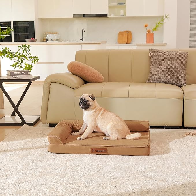 Rainmr Orthopedic Dog Bed Medium Size Dog, Memory Foam Dogs Bed for Medium Dogs, Washable and Removable Microsuede Cover, Waterproof Liner, Non-Skid Bottom, 30x20x6 Inches, Khaki