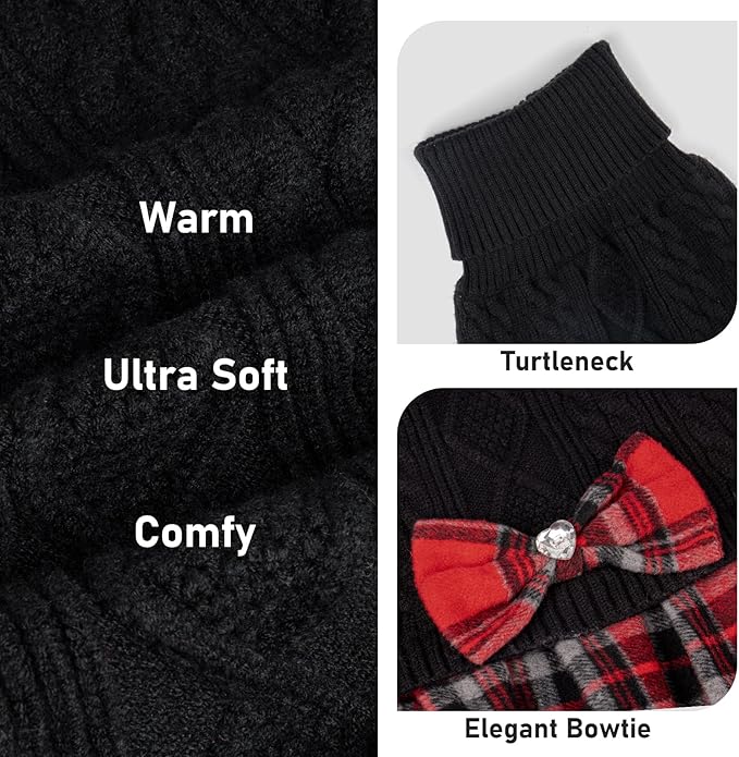 KYEESE Dog Sweater Thick Dog Sweaters for Small Dogs Male Comfy Dogs Clothes with Bowtie Soft Turtleneck Cat Sweaters Warm Pullover Pet Coats Stretchy Knitwear Pet Sweater Dress, Black, Large