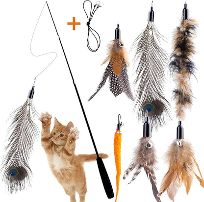 APSUAE Retractable Cat Wand Toys - Interactive Feather Wand with Bell for Indoor/Outdoor Cats, 8 Pack