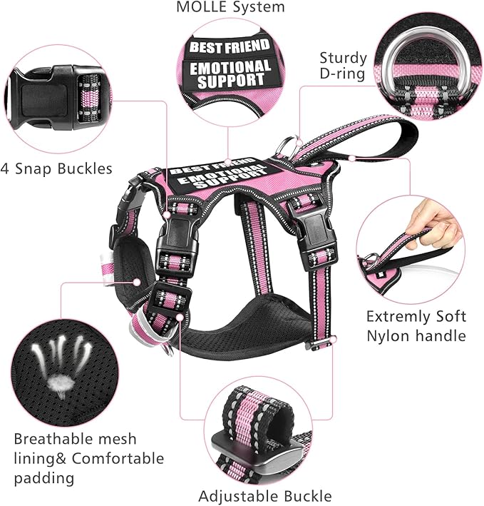 WINSEE Service Dog Vest No Pull Dog Harness with 7 Dog Patches, Reflective Pet Harness with Durable Soft Padded Handle for Training Small, Medium, Large, and Extra-Large Dogs (X-Large, Pink)