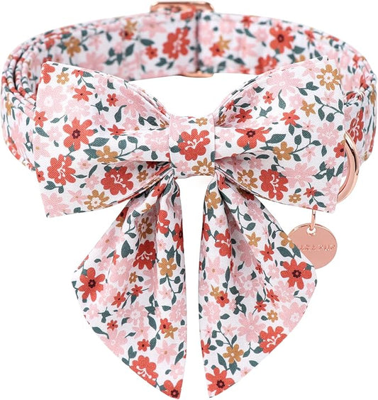 Flower Bowtie Dog Collar With Metal Buckle - Summer Comfortable Cotton Collar for Puppy Boy Girl, XS