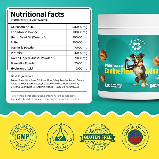 Love a Pet Advanced Hip & Joint Support – Joint Supplement for Dogs Bacon Flavor Soft Chews; MSM & Turmeric for Mobility & Glucosamine for Dogs – Dog Vitamins and Supplements, 120 Chews