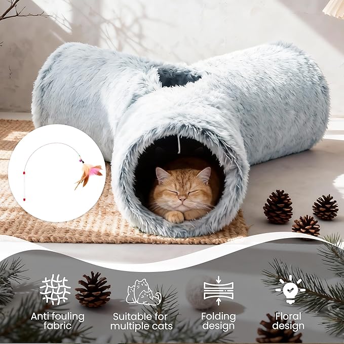 Tempcore Plush Cat Tunnel for Indoor Cats，Collapsible 3-Way Pet Tunnel Toy with Peek Holes for Cats, Kittens, Rabbits, Light Grey