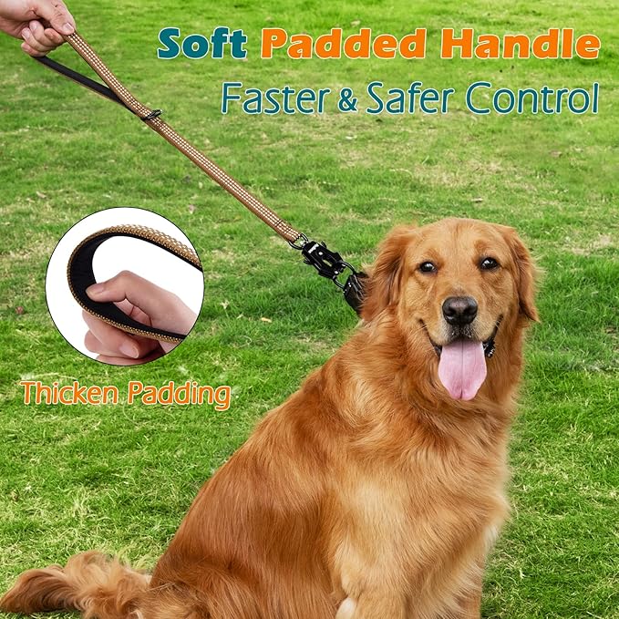 PetBonus Heavy Duty Short Dog Leash, 24 Inch Nylon Traffic Leash with Quick Release Clip, Comfortable Padded Handle, Reflective Training Lead for Medium Large Dogs (Brown, 24")