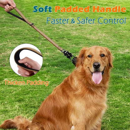 PetBonus Heavy Duty Short Dog Leash, 24 Inch Nylon Traffic Leash with Quick Release Clip, Comfortable Padded Handle, Reflective Training Lead for Medium Large Dogs (Brown, 24")