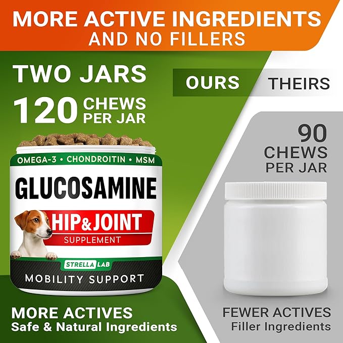 Glucosamine Treats for Dogs - Joint Supplement w/Omega-3 Fish Oil - Chondroitin, MSM - Advanced Mobility Chews - Joint Pain Relief - Hip & Joint Care - Hickory Bacon Flavor - 240 Ct - Made in USA